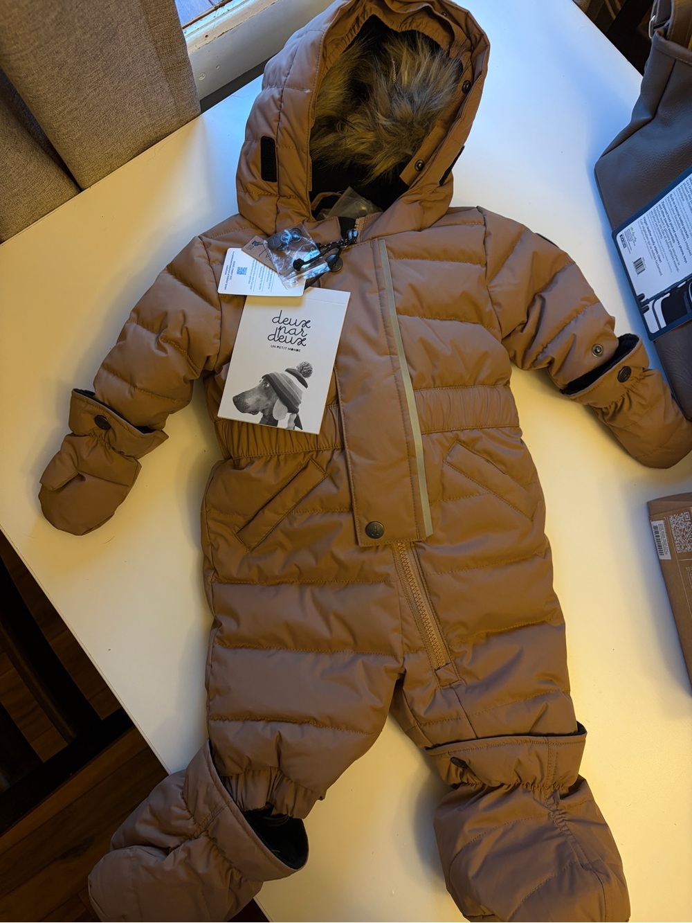 deux par deux Brown Puffer Baby Snowsuit with Faux Fur Hood